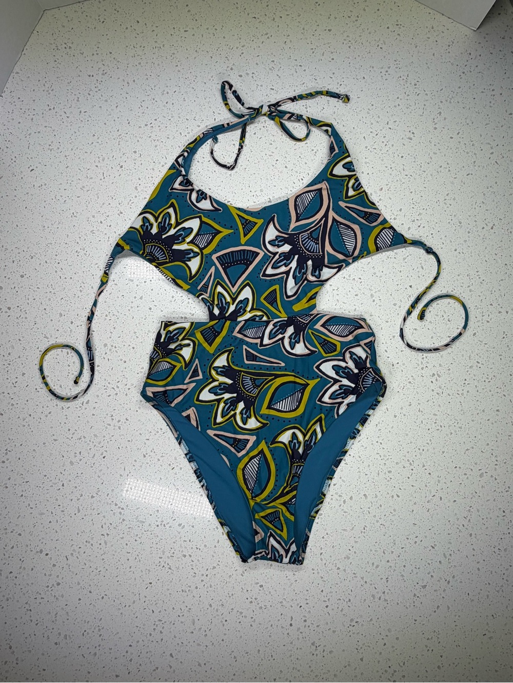 aerie Teal Floral print Cutout One-Piece Swimsuit Halter Tie Monokini
